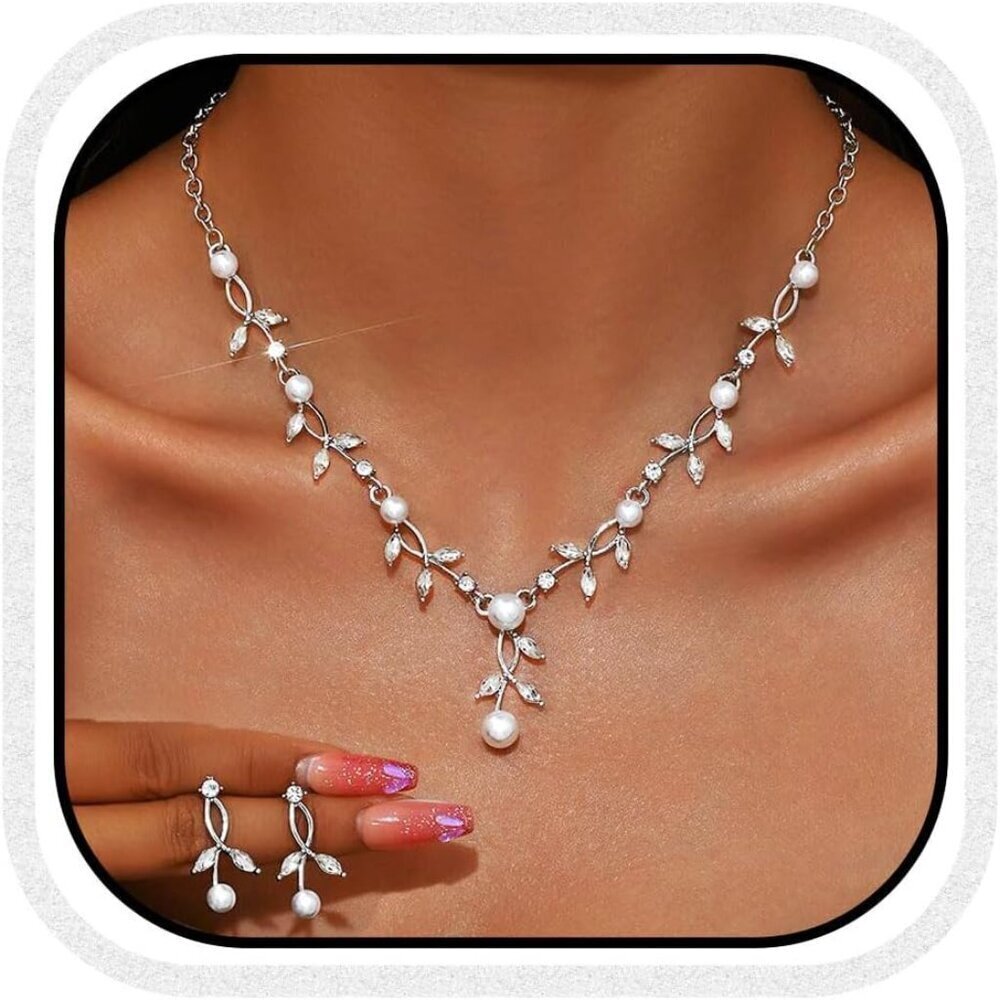 Silver Pearl Necklace Earrings Rhinestone Bridal Wedding Jewelry Set Women